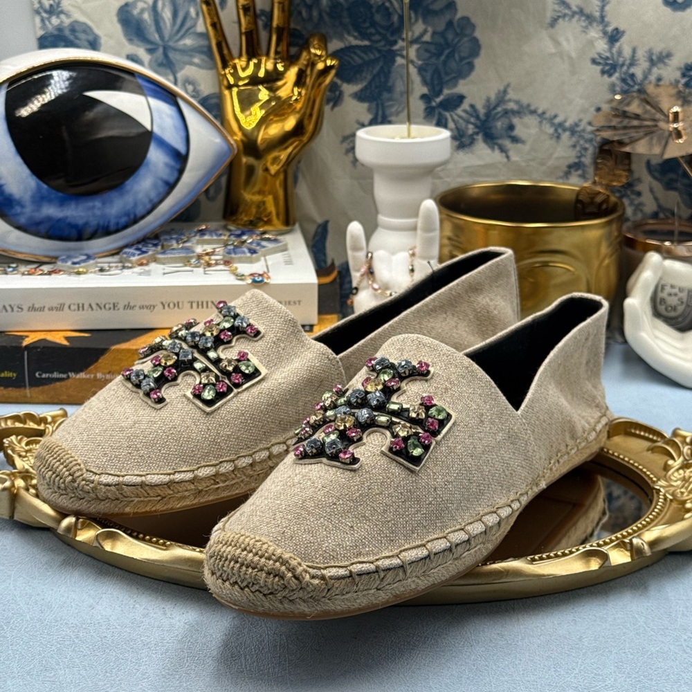 🆕 TORY BURCH 🧿 NWOB Ines Linen & Leather Bejewelled Espadrilles - Sz 10 M - Picture 10 of 13